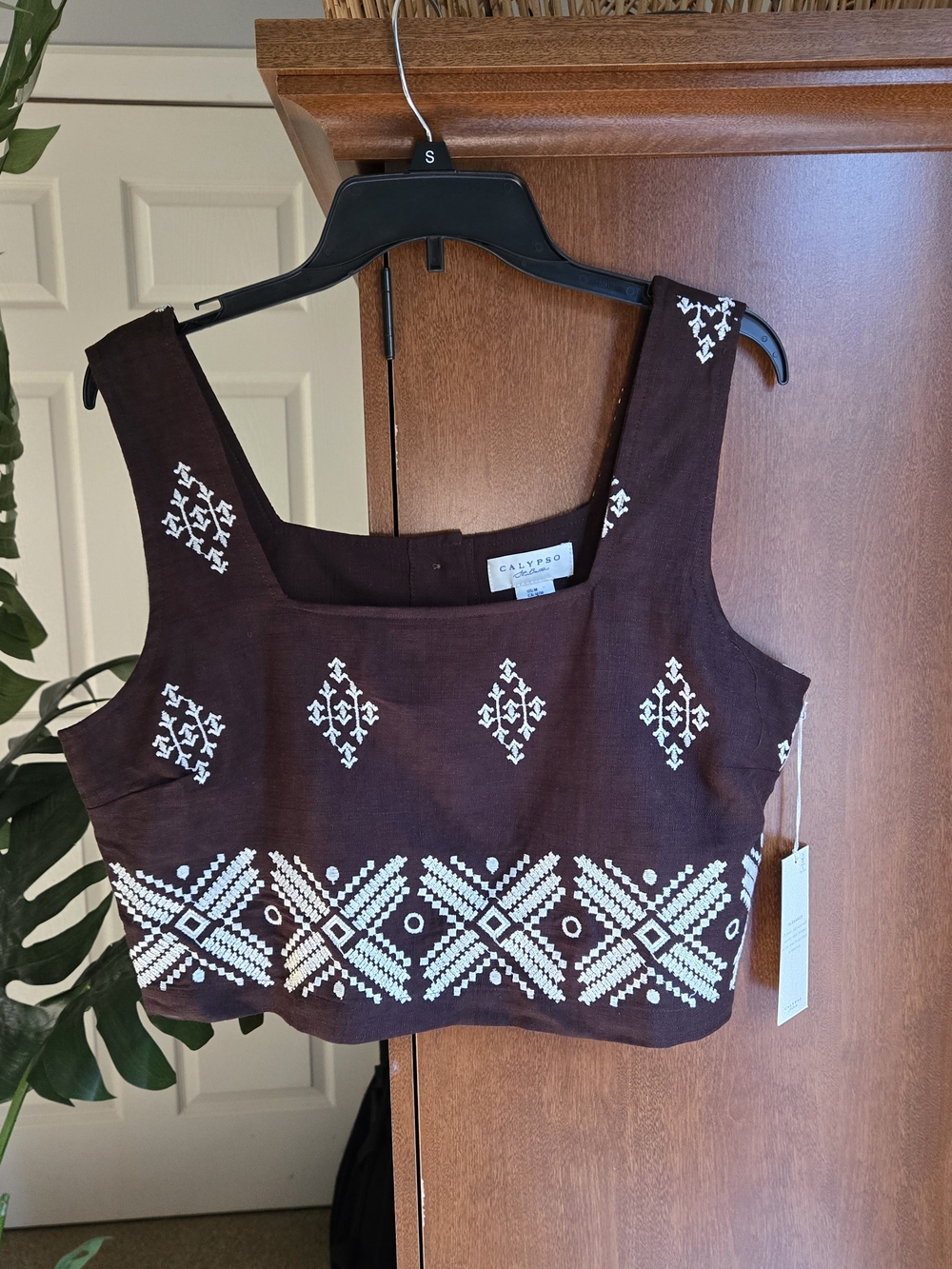 Calypso St. Barth Black Embroidered Square-Neck Crop Top